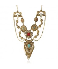 USA Vintage Fashion Artificial Turquoise Embellished Ethnic Style Women Wholesale Costume Necklace - Golden and Multicolor