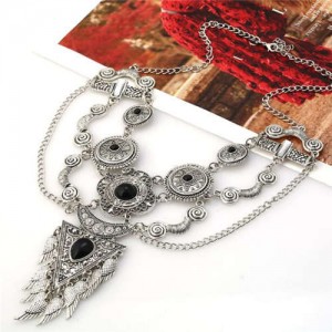 USA Vintage Fashion Artificial Turquoise Embellished Ethnic Style Women Wholesale Costume Necklace - Silver and Black
