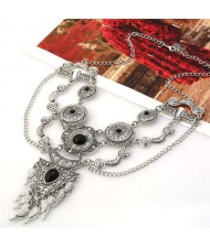 USA Vintage Fashion Artificial Turquoise Embellished Ethnic Style Women Wholesale Costume Necklace - Silver and Black