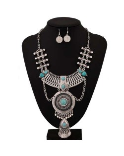 Retro Round Hollow Geometric Waterdrop Vintage Coins Design Tassel Wholesale Costume Necklace - Silver