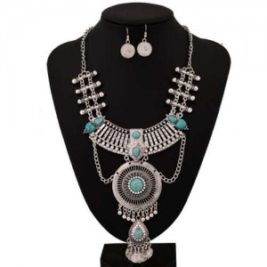 Retro Round Hollow Geometric Waterdrop Vintage Coins Design Tassel Wholesale Costume Necklace - Silver