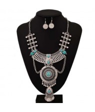 Retro Round Hollow Geometric Waterdrop Vintage Coins Design Tassel Wholesale Costume Necklace - Silver