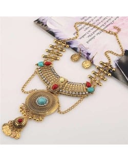 Retro Round Hollow Geometric Waterdrop Vintage Coins Design Tassel Wholesale Costume Necklace - Golden