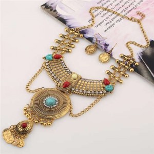 Retro Round Hollow Geometric Waterdrop Vintage Coins Design Tassel Wholesale Costume Necklace - Golden