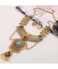 Retro Round Hollow Geometric Waterdrop Vintage Coins Design Tassel Wholesale Costume Necklace - Golden