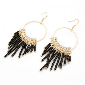 Korean Fashion Dangling Beads Hoop Earrings - Black