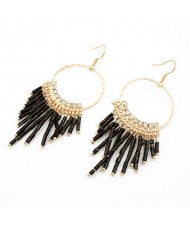 Korean Fashion Dangling Beads Hoop Earrings - Black