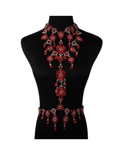 Luxury Rhinestone Flower Necklace and Waist Chain Super Shining Nightclub Bold Wholesale Body Chain Jewelry - Red
