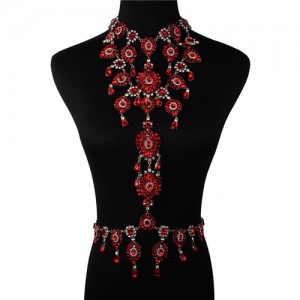Luxury Rhinestone Flower Necklace and Waist Chain Super Shining Nightclub Bold Wholesale Body Chain Jewelry - Red