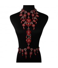 Luxury Rhinestone Flower Necklace and Waist Chain Super Shining Nightclub Bold Wholesale Body Chain Jewelry - Red