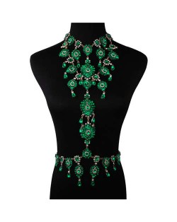 Luxury Rhinestone Flower Necklace and Waist Chain Super Shining Nightclub Bold Wholesale Body Chain Jewelry - Green