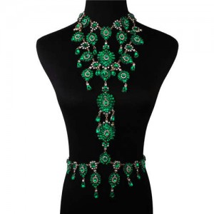 Luxury Rhinestone Flower Necklace and Waist Chain Super Shining Nightclub Bold Wholesale Body Chain Jewelry - Green