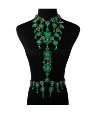 Luxury Rhinestone Flower Necklace and Waist Chain Super Shining Nightclub Bold Wholesale Body Chain Jewelry - Green