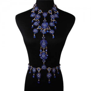 Luxury Rhinestone Flower Necklace and Waist Chain Super Shining Nightclub Bold Wholesale Body Chain Jewelry - Blue