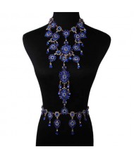Luxury Rhinestone Flower Necklace and Waist Chain Super Shining Nightclub Bold Wholesale Body Chain Jewelry - Blue