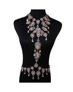 Luxury Rhinestone Flower Necklace and Waist Chain Super Shining Nightclub Bold Wholesale Body Chain Jewelry - White