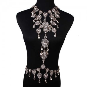 Luxury Rhinestone Flower Necklace and Waist Chain Super Shining Nightclub Bold Wholesale Body Chain Jewelry - White