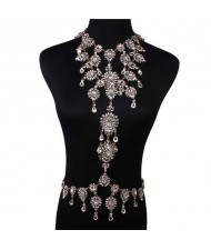 Luxury Rhinestone Flower Necklace and Waist Chain Super Shining Nightclub Bold Wholesale Body Chain Jewelry - White
