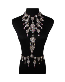 Luxury Rhinestone Flower Necklace and Waist Chain Super Shining Nightclub Bold Wholesale Body Chain Jewelry - Luminous White