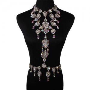 Luxury Rhinestone Flower Necklace and Waist Chain Super Shining Nightclub Bold Wholesale Body Chain Jewelry - Luminous White