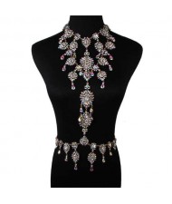 Luxury Rhinestone Flower Necklace and Waist Chain Super Shining Nightclub Bold Wholesale Body Chain Jewelry - Luminous White