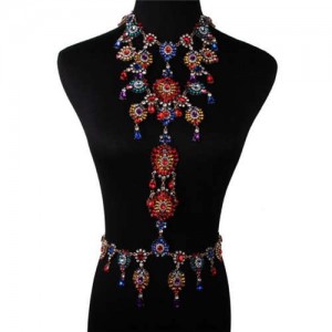 Luxury Rhinestone Flower Necklace and Waist Chain Super Shining Nightclub Bold Wholesale Body Chain Jewelry - Multicolor