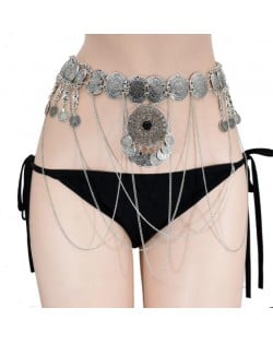 Fashion Coin Tassel Waist Chain Exotic Belly Dance Beach Wholesale Body Chain Jewelry - Silver