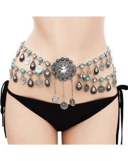 Bohemian Coins Tassel Sunflower Waist Chain Retro Ethnic Style Wholesale Body Chain - Silver