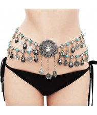 Bohemian Coins Tassel Sunflower Waist Chain Retro Ethnic Style Wholesale Body Chain - Silver