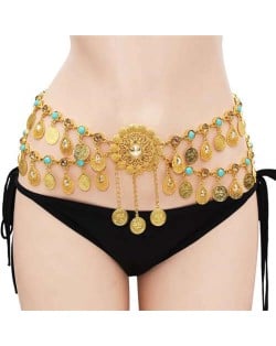 Bohemian Coins Tassel Sunflower Waist Chain Retro Ethnic Style Wholesale Body Chain - Golden