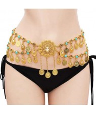 Bohemian Coins Tassel Sunflower Waist Chain Retro Ethnic Style Wholesale Body Chain - Golden