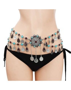 Turquoise Embellished Bohemian Coins Tassel Floral Belly Chain Retro Ethnic Fashion Wholesale Body Jewelry