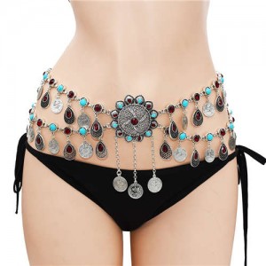 Turquoise Embellished Bohemian Coins Tassel Floral Belly Chain Retro Ethnic Fashion Wholesale Body Jewelry