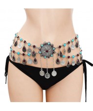 Turquoise Embellished Bohemian Coins Tassel Floral Belly Chain Retro Ethnic Fashion Wholesale Body Jewelry