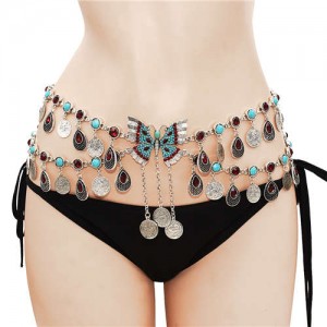 Turquoise Embellished Bohemian Coins Tassel Butterfly Waist Chain Retro Ethnic Fashion Wholesale Body Jewelry