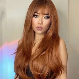 European and American Style Blunt Bangs Black Gradient Brown Long Curly Women Synthetic Wig