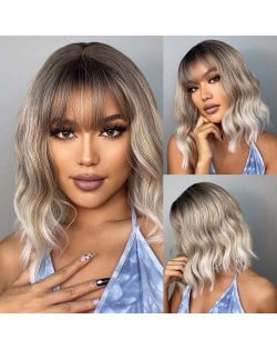 American Style Head Dyed Black Gradient Off-white Short Curly Women Synthetic Wig/ Hair