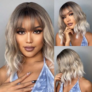 American Style Head Dyed Black Gradient Off-white Short Curly Women Synthetic Wig/ Hair