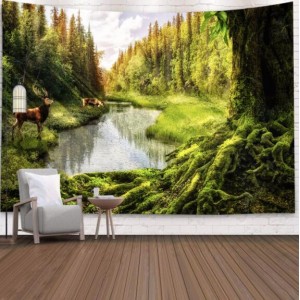 Deer by the Creek in the Forest Nordic Fashion Background Cloth Home Wall Decorational Tapestry