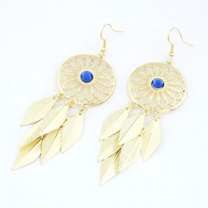 Golden Metallic Hollow Round Shape Hoop with Leaves Tassels Earrings