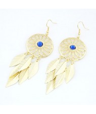 Golden Metalic Hollow Round Shape Hoop with Leaves Tassels Earrings