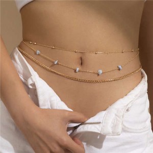 Light Blue Stones Decorated Summer Beach Fashion Wholesale Waist Chain - Golden