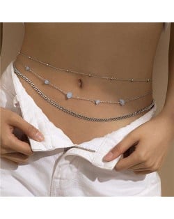 Light Blue Stones Decorated Summer Beach Fashion Wholesale Waist Chain - Silver