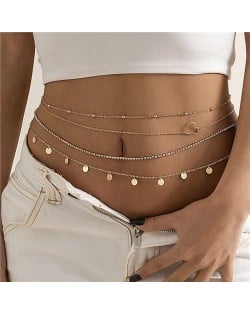 Hollow-out Heart Decorated Round Metal Sheet Tassel Multilayer American Fashion Wholesale Body Chain - Golden