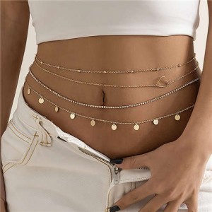 Hollow-out Heart Decorated Round Metal Sheet Tassel Multilayer American Fashion Wholesale Body Chain - Golden