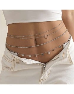 Hollow-out Heart Decorated Round Metal Sheet Tassel Multilayer American Fashion Wholesale Body Chain - Silver