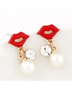 Fashionable Red Lips Dangling Pearl Costume Earrings