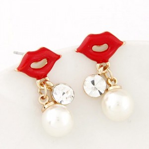 Fashionable Red Lips Dangling Pearl Costume Earrings