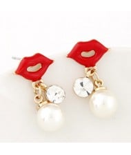 Fashionable Red Lips Dangling Pearl Costume Earrings