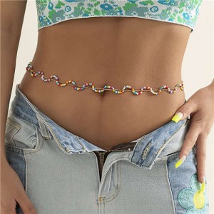 Bohemian Colorful Beads Woven Waist Chain Wavy Design Wholesale Body Chain Jewelry - Multicolor